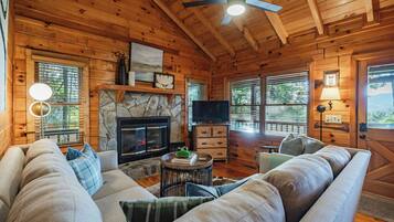 Smart TV, fireplace, DVD player, books