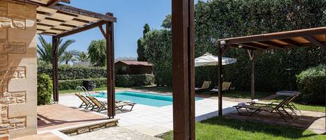 A heated pool, pool loungers