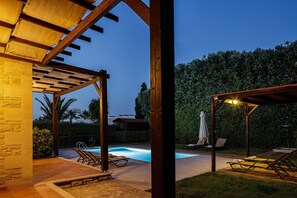 A heated pool, pool loungers