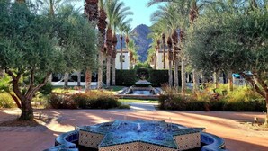 Un jardín ajardinado con palmeras, una fuente central y una vista de montañas al fondo.
