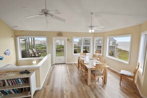 Enjoy ocean views from the large dining table and windows in this room.