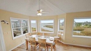 A dining room with a table and chairs, large windows with a view of the sea, and a ceiling fan. - Soundfront DogFriendly w Hot Tub, EV Charger, Private Sound Access, Beach Nearby (Frisco)