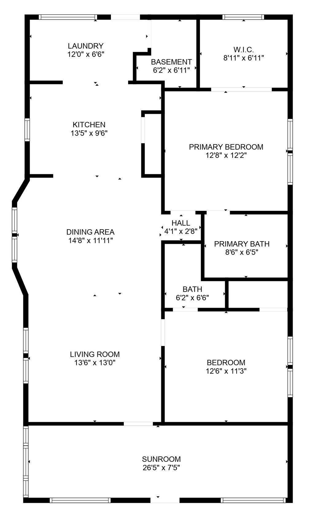A floor plan with a laundry room, kitchen, dining area, living room, primary bedroom, primary bath, bathroom, hall, W.I.C., and sunroom.