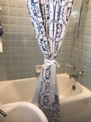 Combined shower/tub, hair dryer, towels, soap