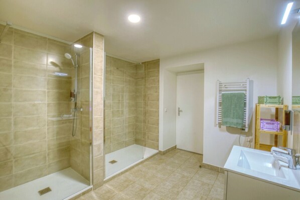 Shower, hair dryer, shampoo, toilet paper