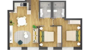 Distribución de un apartamento de dos habitaciones, con cocina, comedor y dos baños.