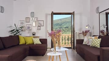 Smart TV, fireplace, books, stereo