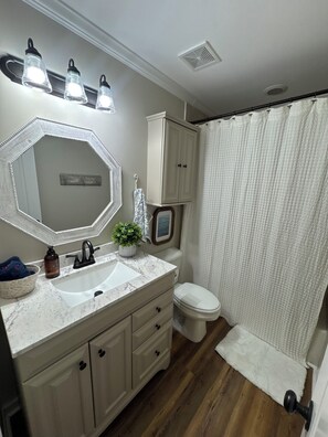 A bathroom with a white sink, mirror, and cabinet, a shower curtain, and a potted plant.