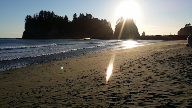 A beach with sunlight reflecting off the water, a forested cliff in the background, and footprints in the sand. - Olympic  Adventure Home, Your Gateway To Adventure And Olympic National Park (Port Angeles)