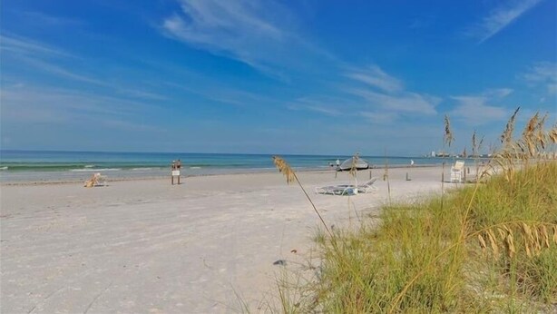 Ein Strand mit blauem Himmel, ruhiger See und wenig Vegetation.