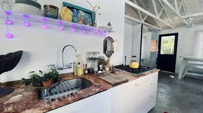 Fridge, microwave, coffee/tea maker, electric kettle