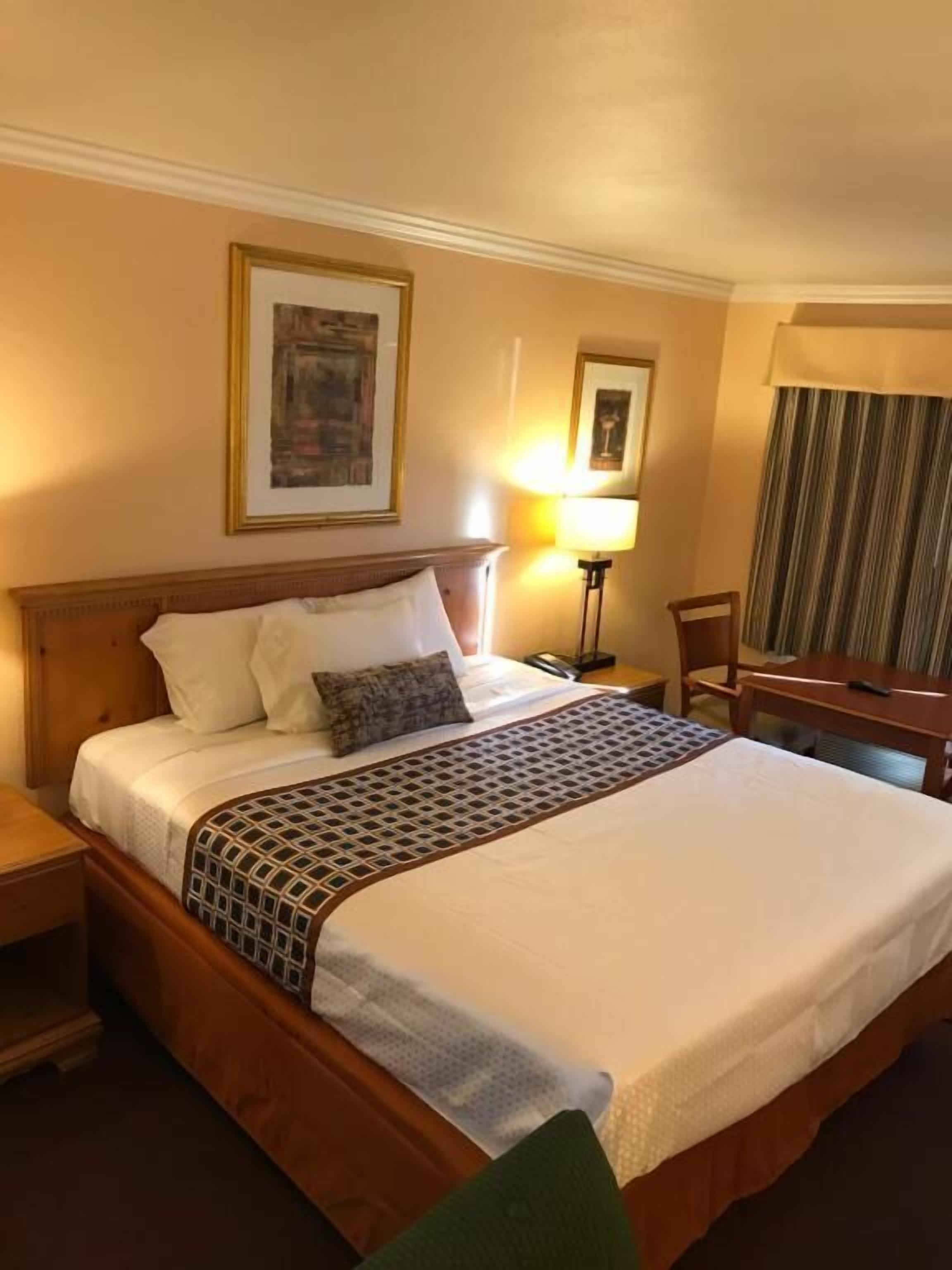 A hotel room with a large bed, a nightstand, a desk, and a chair.