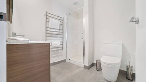 Une salle de bain moderne équipée d’une douche, de toilettes et d’un meuble-lavabo.