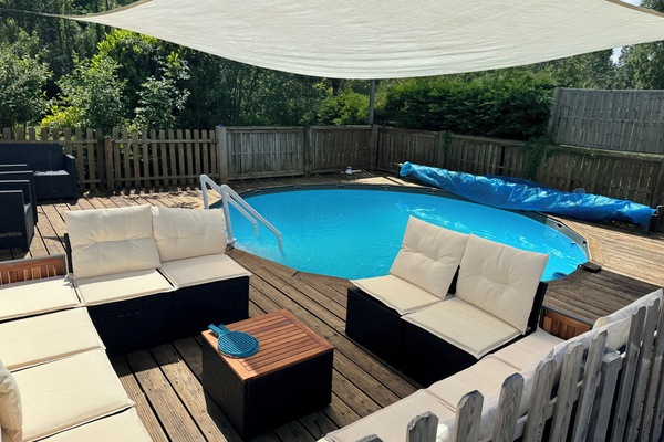 Heated Pool with gentle steps, loungers and seating with sun shade, peaceful