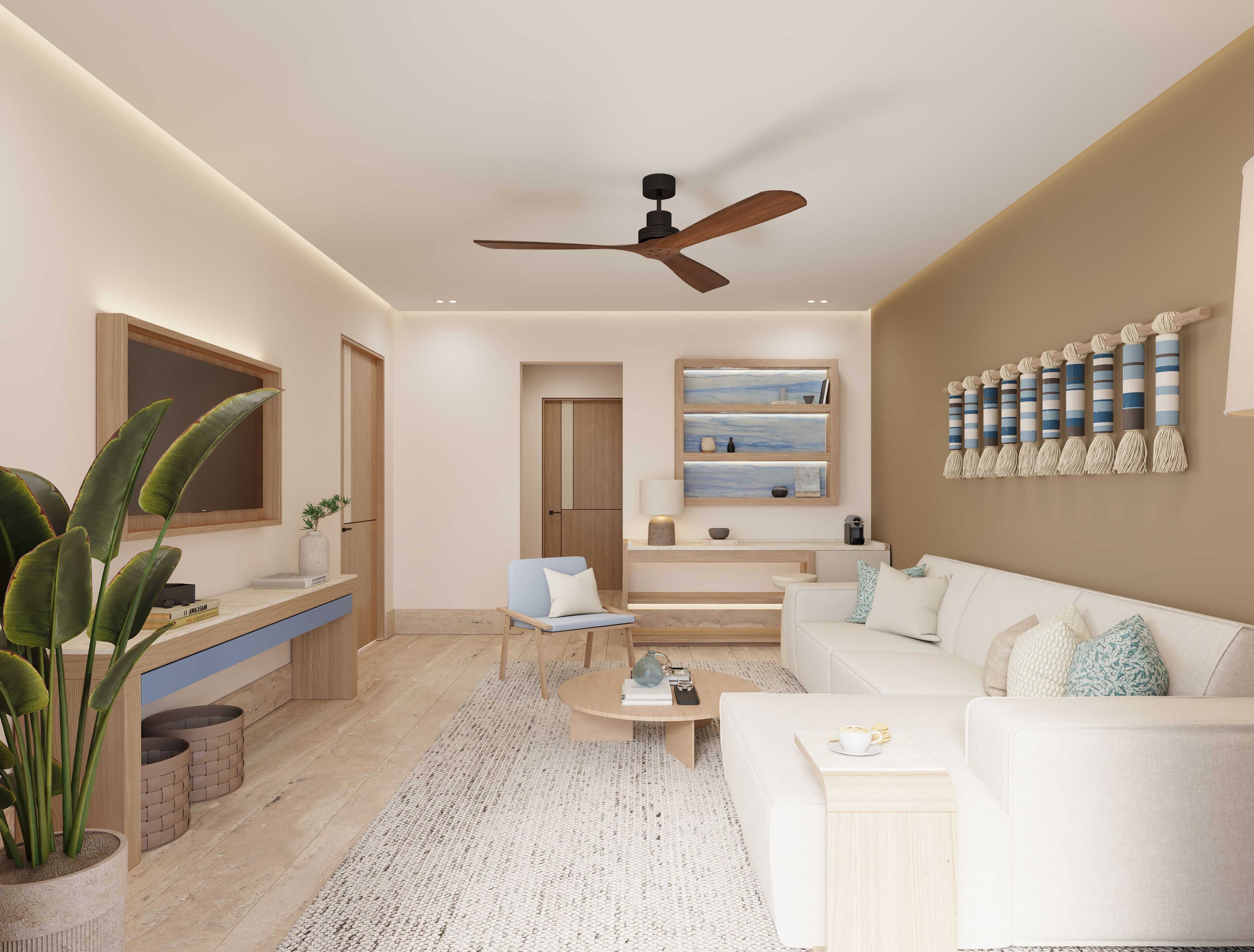 A modern living room with a ceiling fan, a white sofa, a coffee table, and a large window.