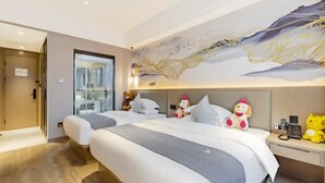 A hotel room with two beds, a large abstract mural on the wall, and a window with a view of the city.