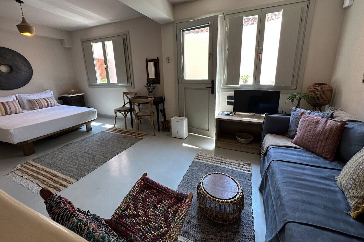 Un amplio espacio habitable con cama, sofá, televisor y una mesa de comedor.
