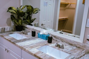 A bathroom with two sinks, a mirror, a potted plant, and a towel dispenser.