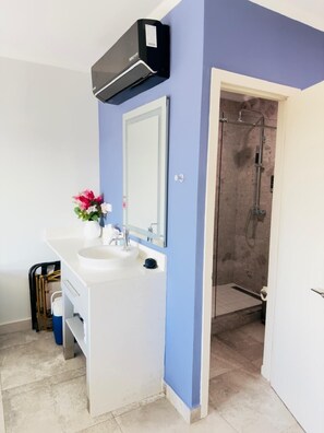 Shower, hair dryer, towels, soap