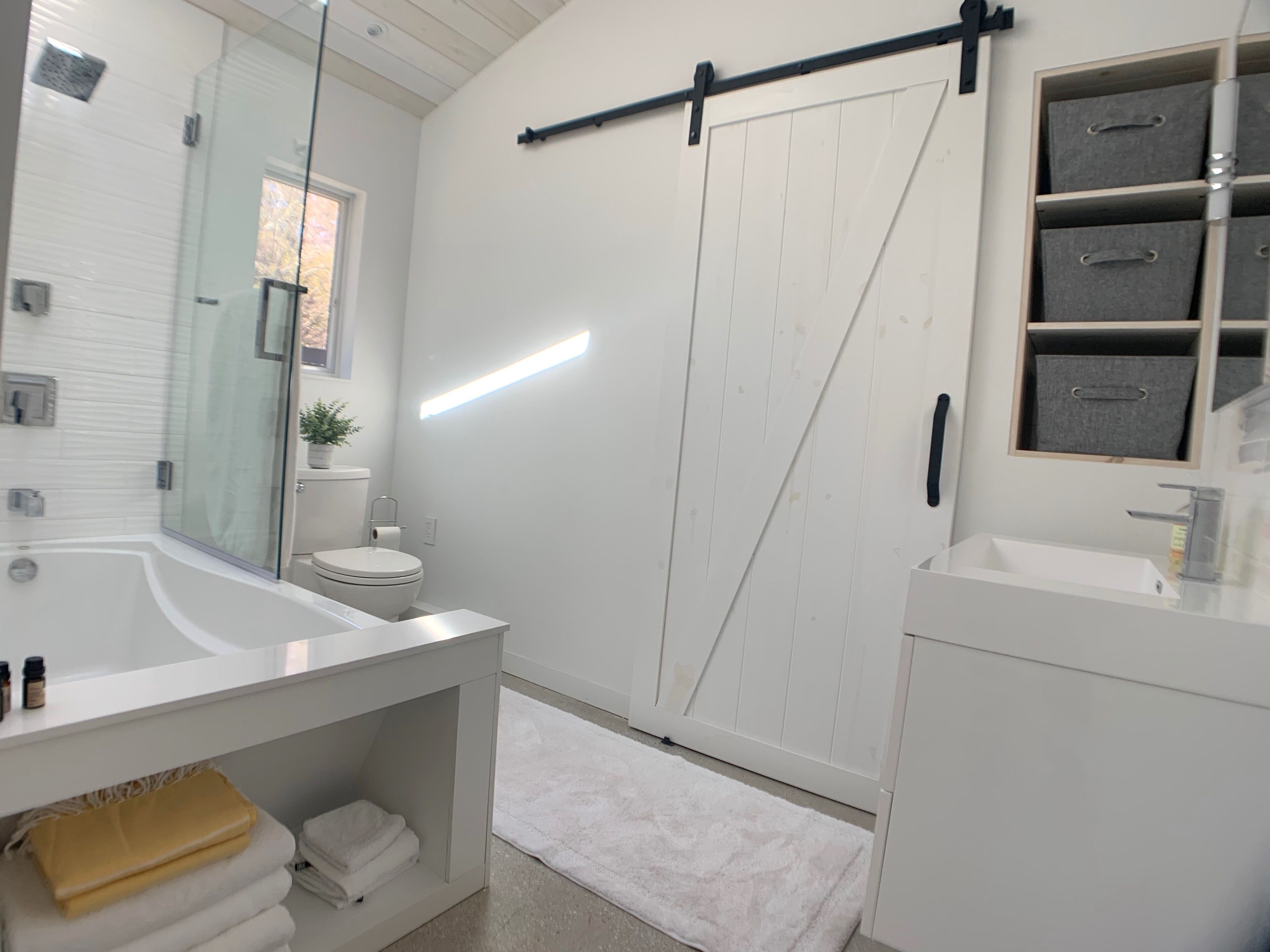 Une salle de bain moderne avec une grande baignoire, des toilettes et un espace douche. Elle comprend des tiroirs de rangement et un miroir.