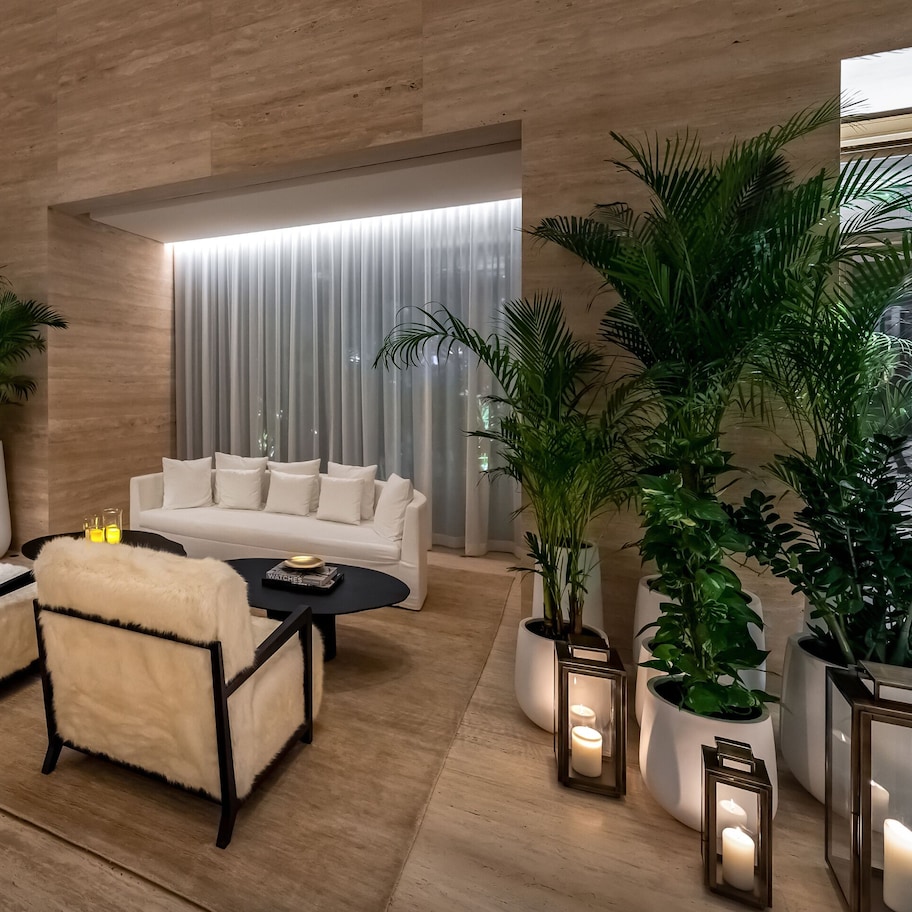 A modern living room with a white sofa, two armchairs, a coffee table, and several potted plants.