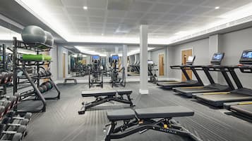 A modern gym with treadmills, weight machines, and free weights.