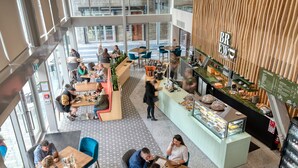 A modern cafe with a wooden accent wall, a coffee bar, and a variety of seating options including tables and chairs. - The Langlands Hotel (Invercargill)