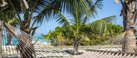 A hammock tied between palm trees on a sandy beach with clear blue water in the background.
