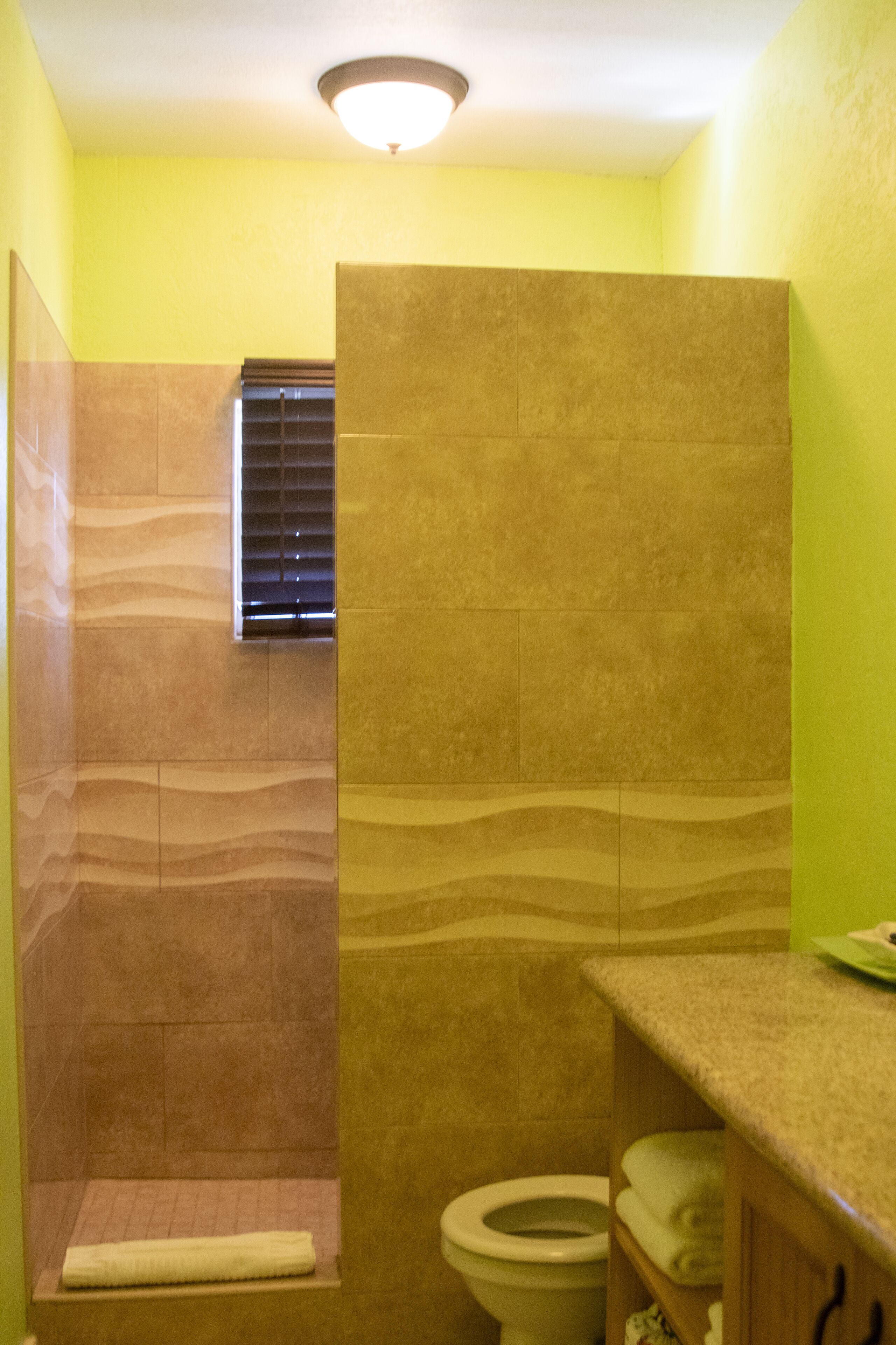 A bathroom with a shower, toilet, and sink area.