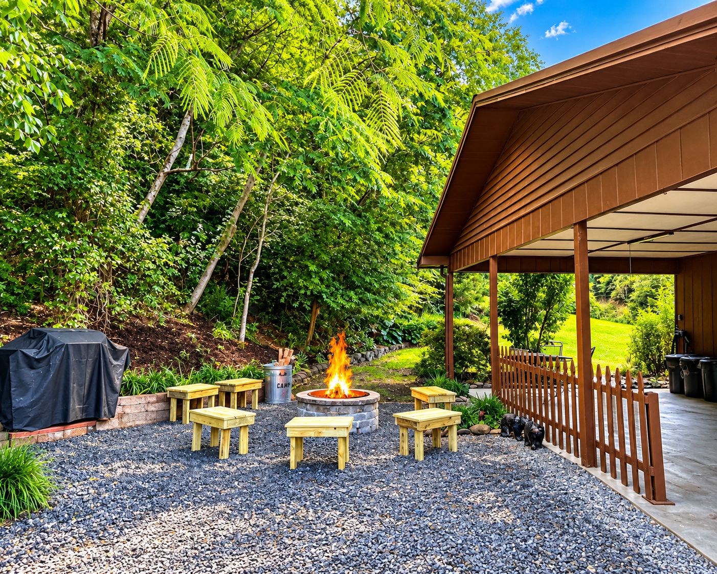 An outdoor patio with a fire pit, wooden tables, and a covered seating area.