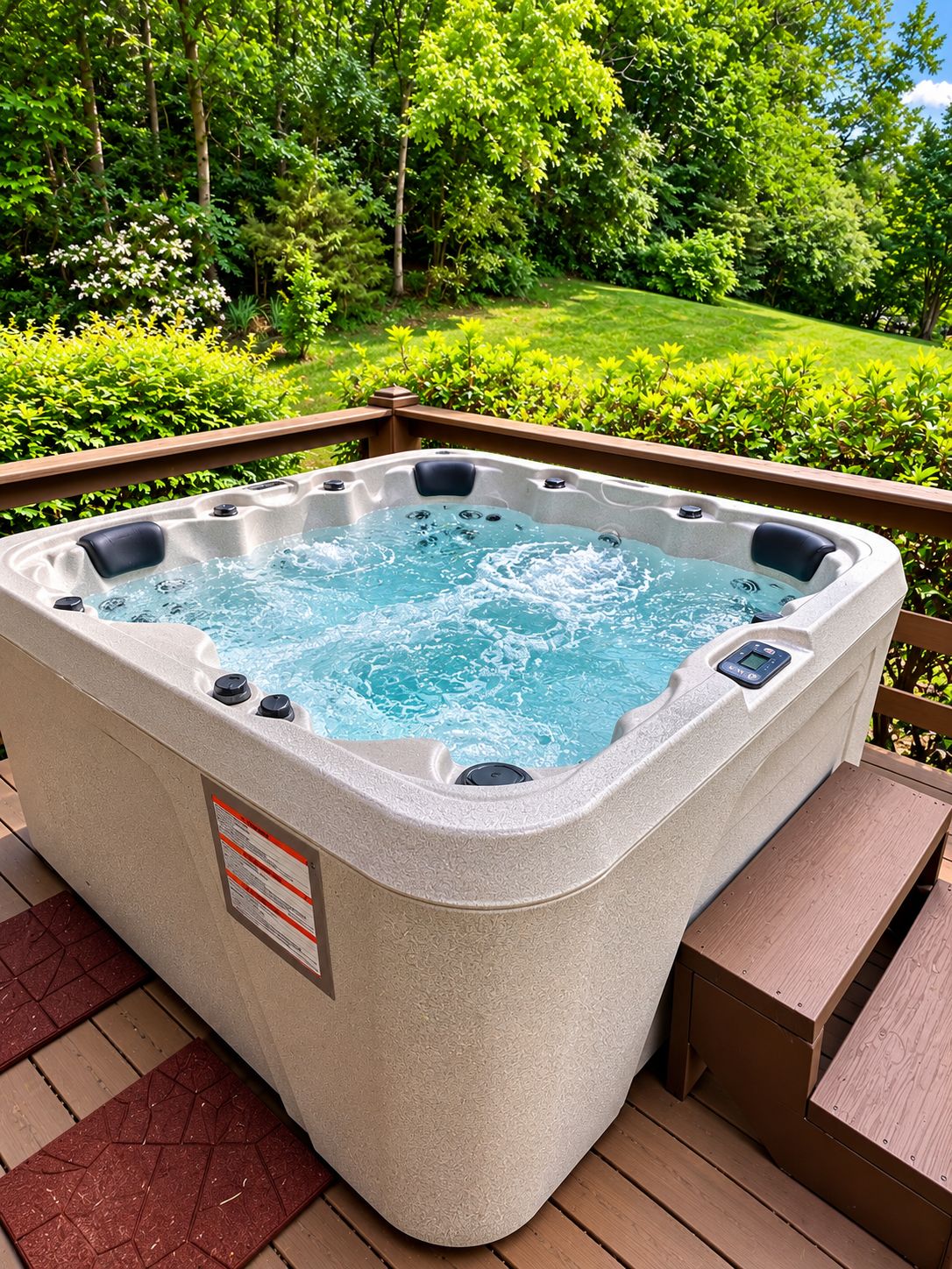 Een hottub op een houten terras, met een gazon en bomen op de achtergrond.