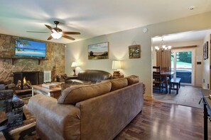Smart TV, fireplace, books