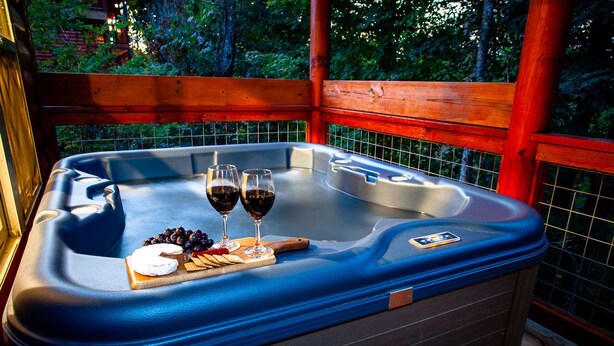 Un jacuzzi con terraza de madera y vista a árboles.