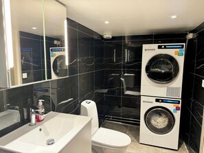 Shower, towels, soap, shampoo