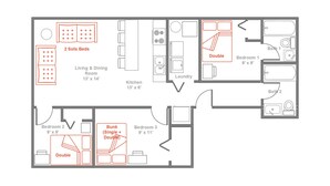 A floor plan with 2 sofa beds in the living area, a double bed in Bedroom 1, and a single plus double bed in Bedroom 3.