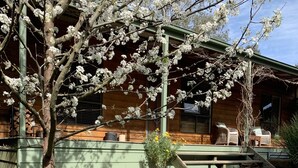 Een rustiek houten gebouw met veranda en een boom met witte bloesems.