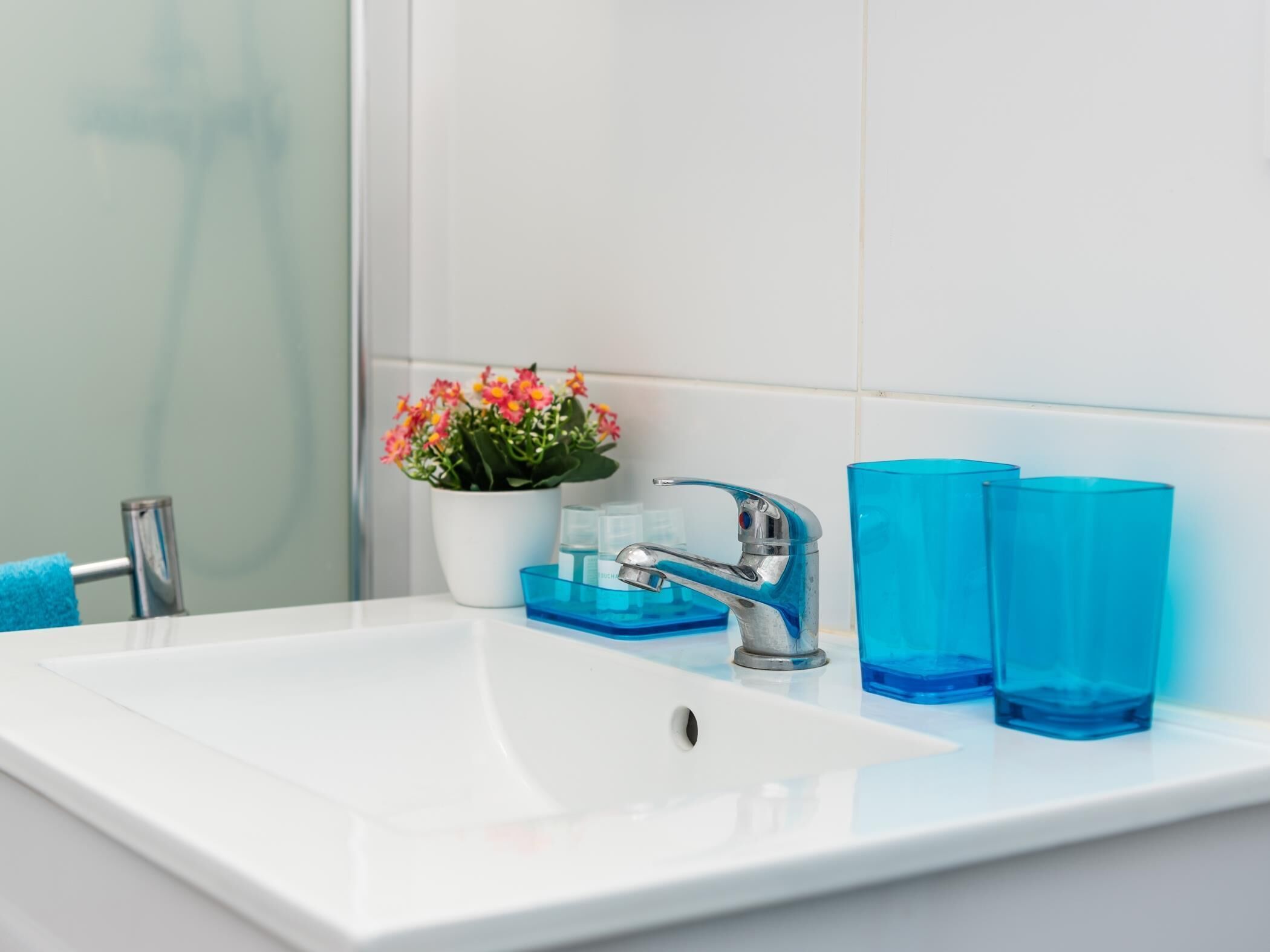A bathroom sink with a white basin, a chrome faucet, and a potted plant with pink flowers.