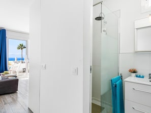 Shower, hair dryer, towels