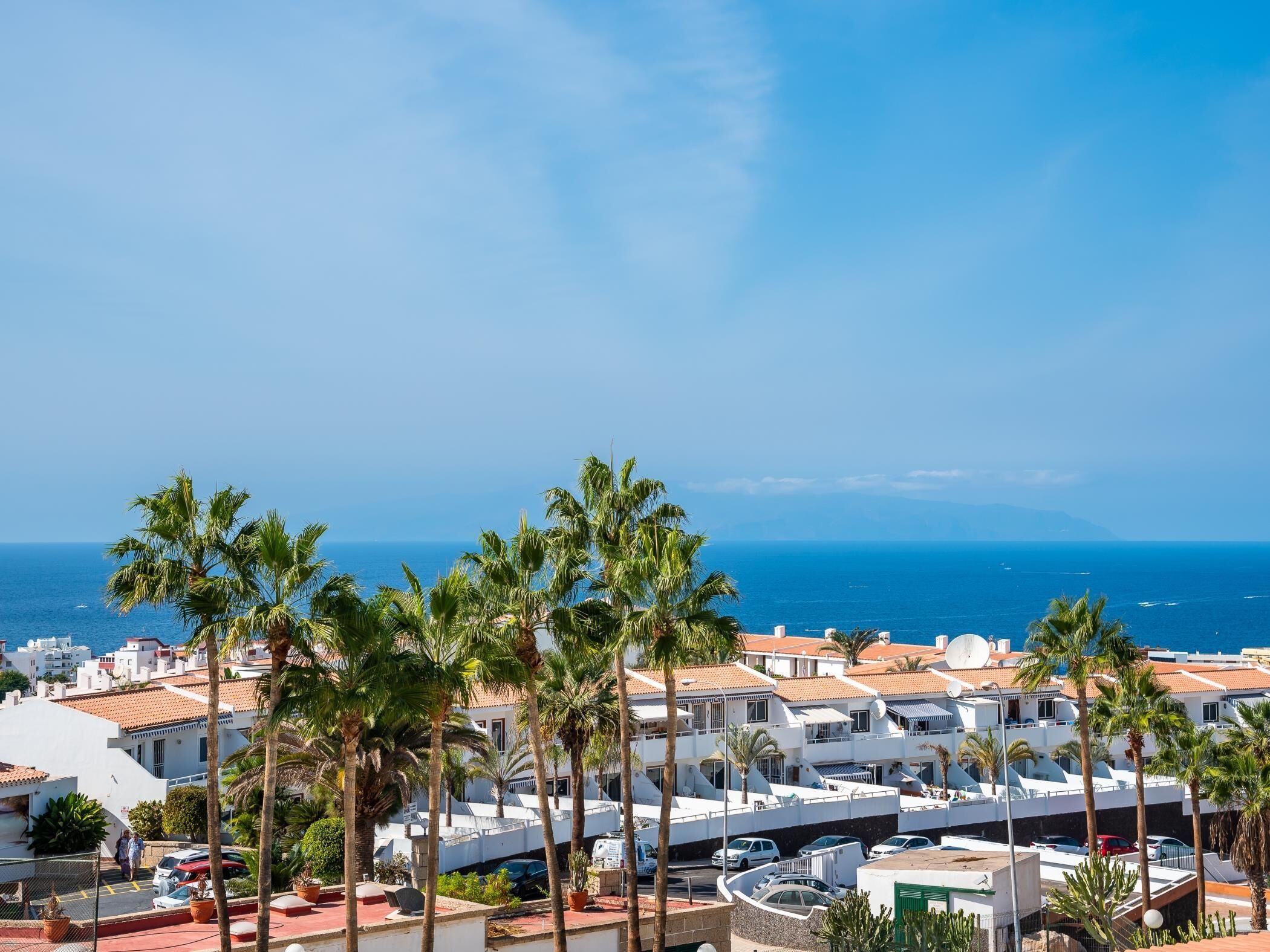 A coastal residential area with white buildings, palm trees, and a view of the sea.