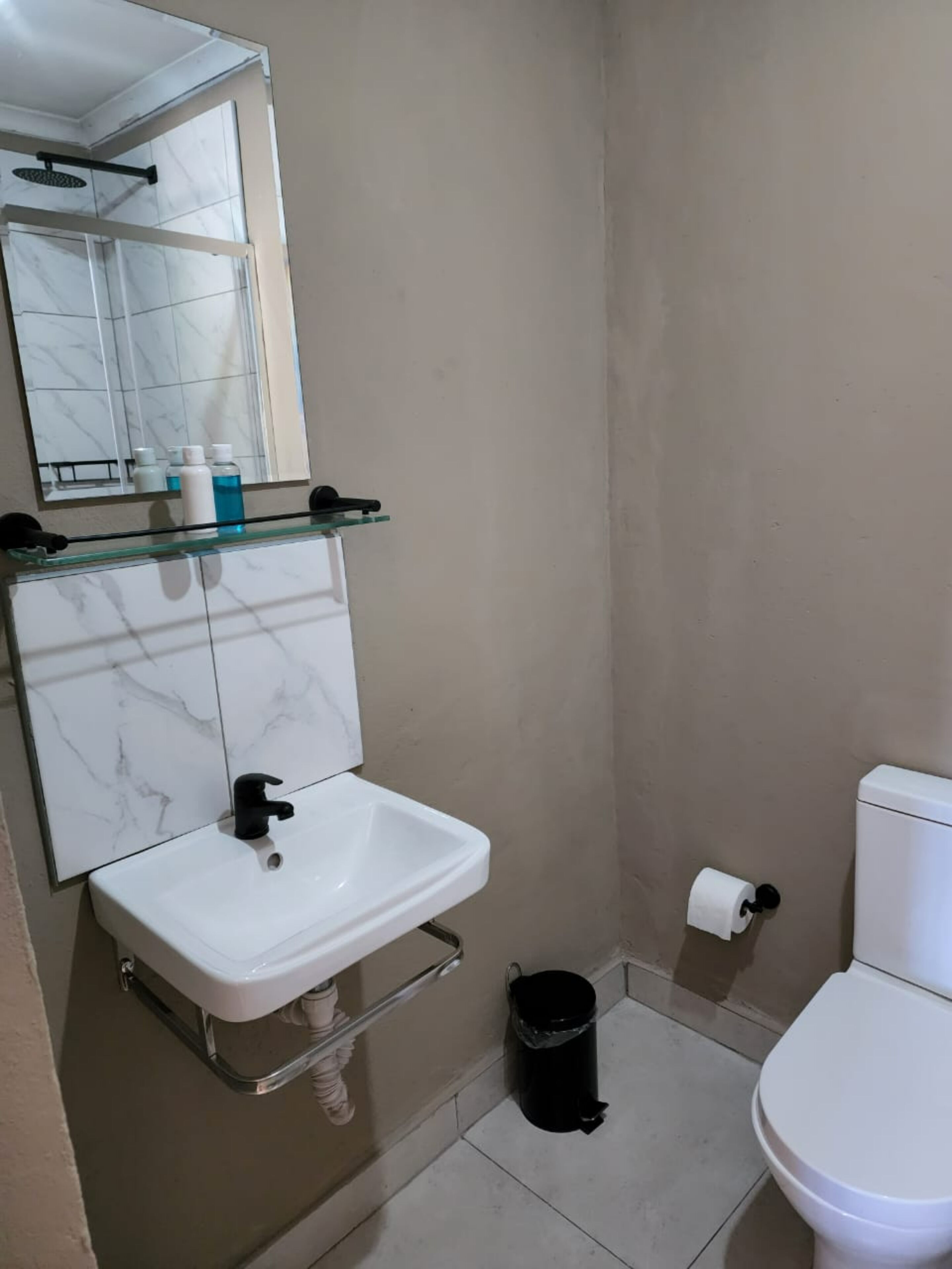 A bathroom with a white sink, a mirror, a toilet, and a trash bin.