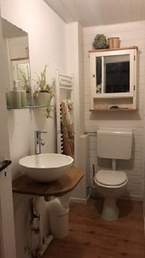 Un bagno con un mobiletto in legno, un lavandino bianco, uno specchio, un WC e un armadietto sopra il water.
