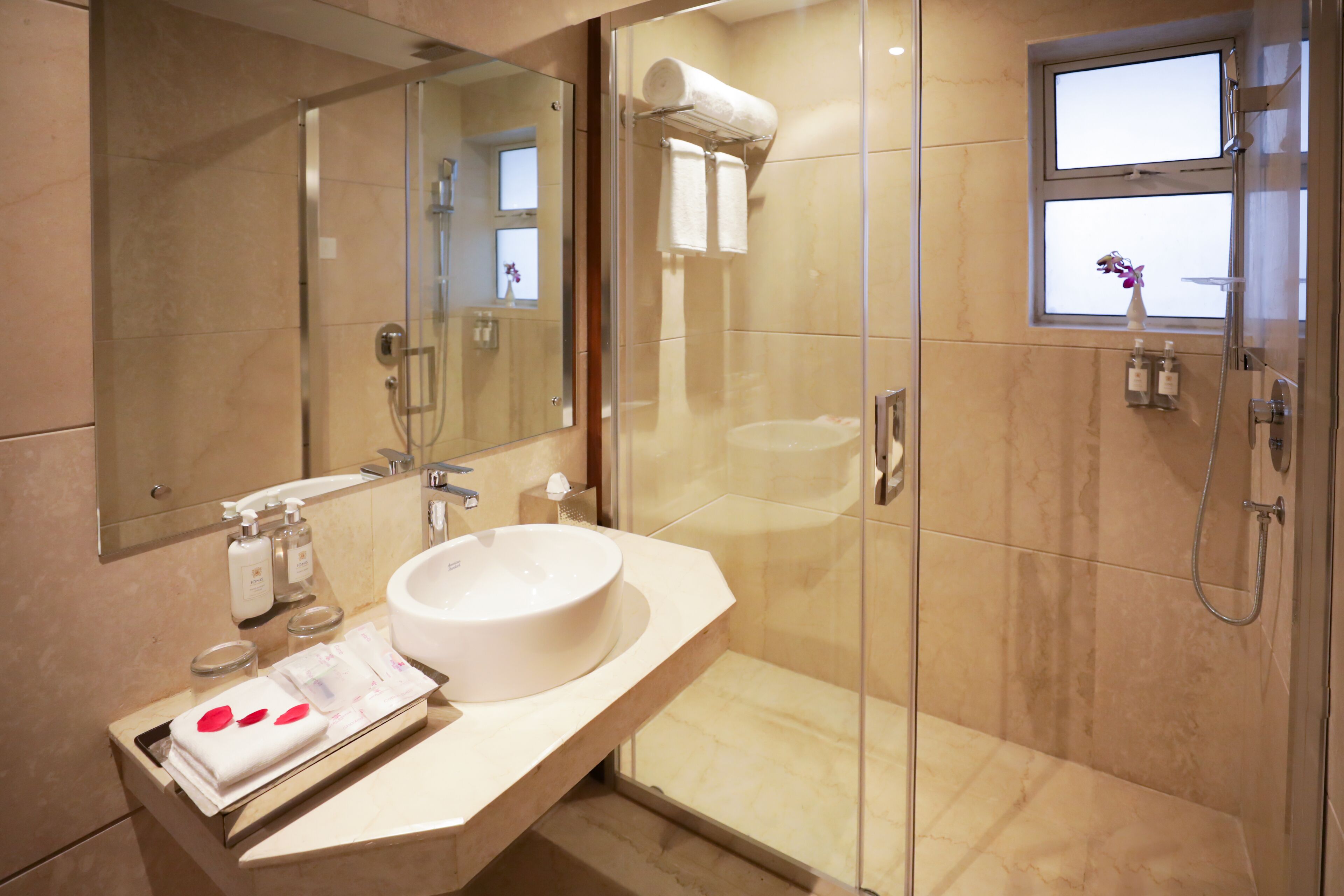 A modern bathroom with a glass-enclosed shower, a large mirror, and a vanity with a sink and toiletries.