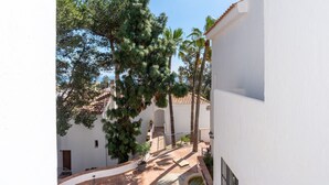 A courtyard with white buildings, a palm tree, and a tiled roof.
