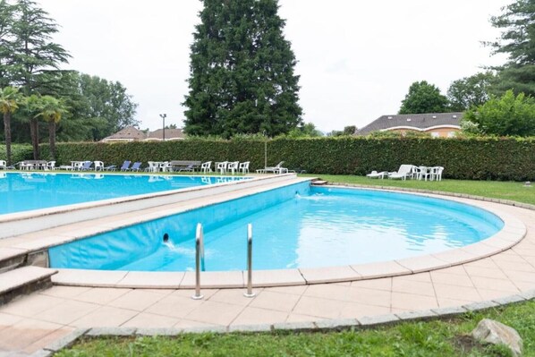 Una piscina con bordo piastrellato, lettini prendisole e un alto albero sullo sfondo.