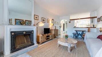 Televisie, een open haard en een dvd-speler