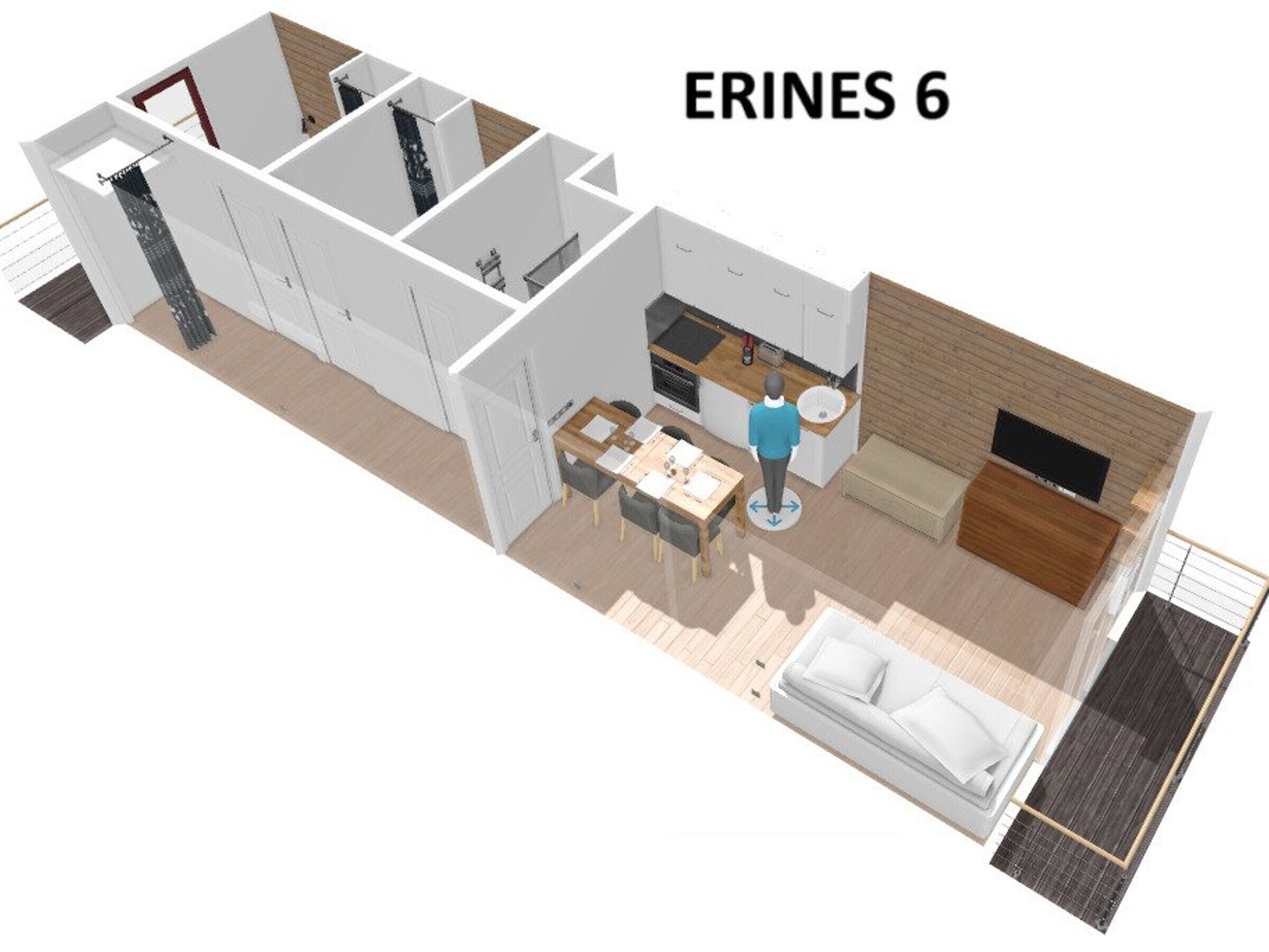 A 3D model of a modern apartment with a kitchen, dining area, living room, and a balcony.