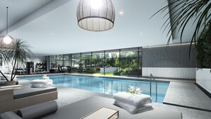 A modern indoor swimming pool with exercise equipment, large windows, and a clean, minimalist design. - Royal Green (Moka)