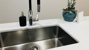 Eine Spüle aus Edelstahl mit modernem Wasserhahn, Seifenspender und einem Blumentopf auf der Arbeitsplatte.