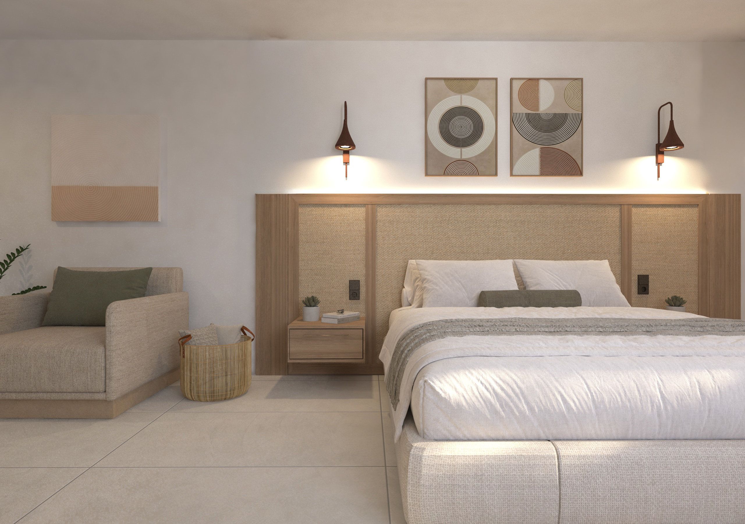 A modern bedroom with a large bed, a sofa, a nightstand, and two wall-mounted lamps.