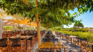 An outdoor dining area with wooden tables and chairs, surrounded by trees and a clear sky. - Aeolian Village Beach Resort (Lesvos)